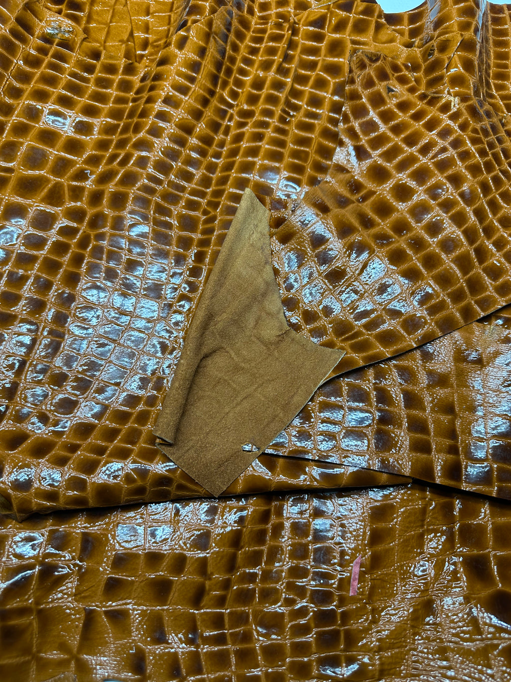 Cowhide Croc Pattern Brown Mustard Leather