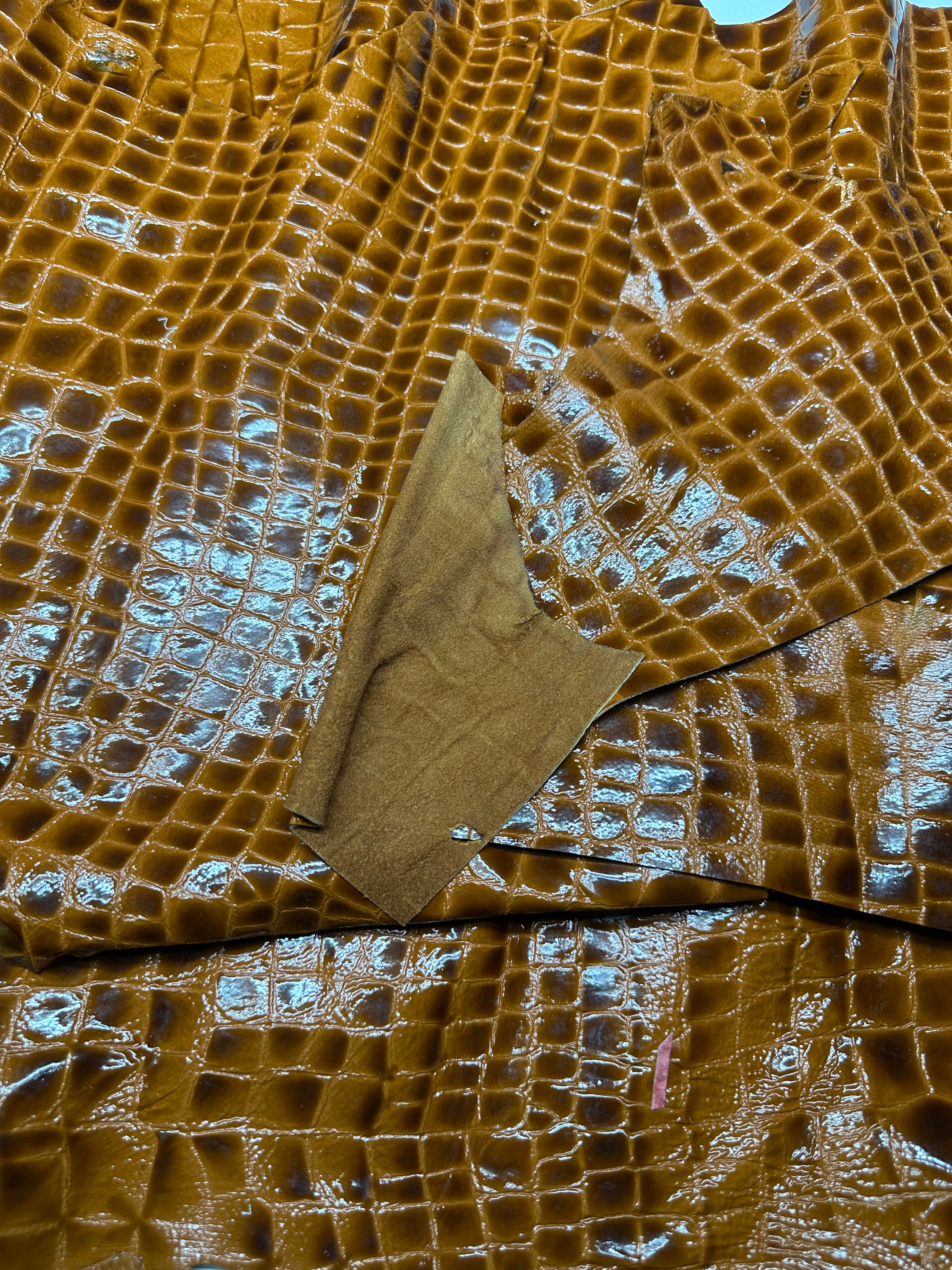 Cowhide Croc Pattern Brown Mustard Leather