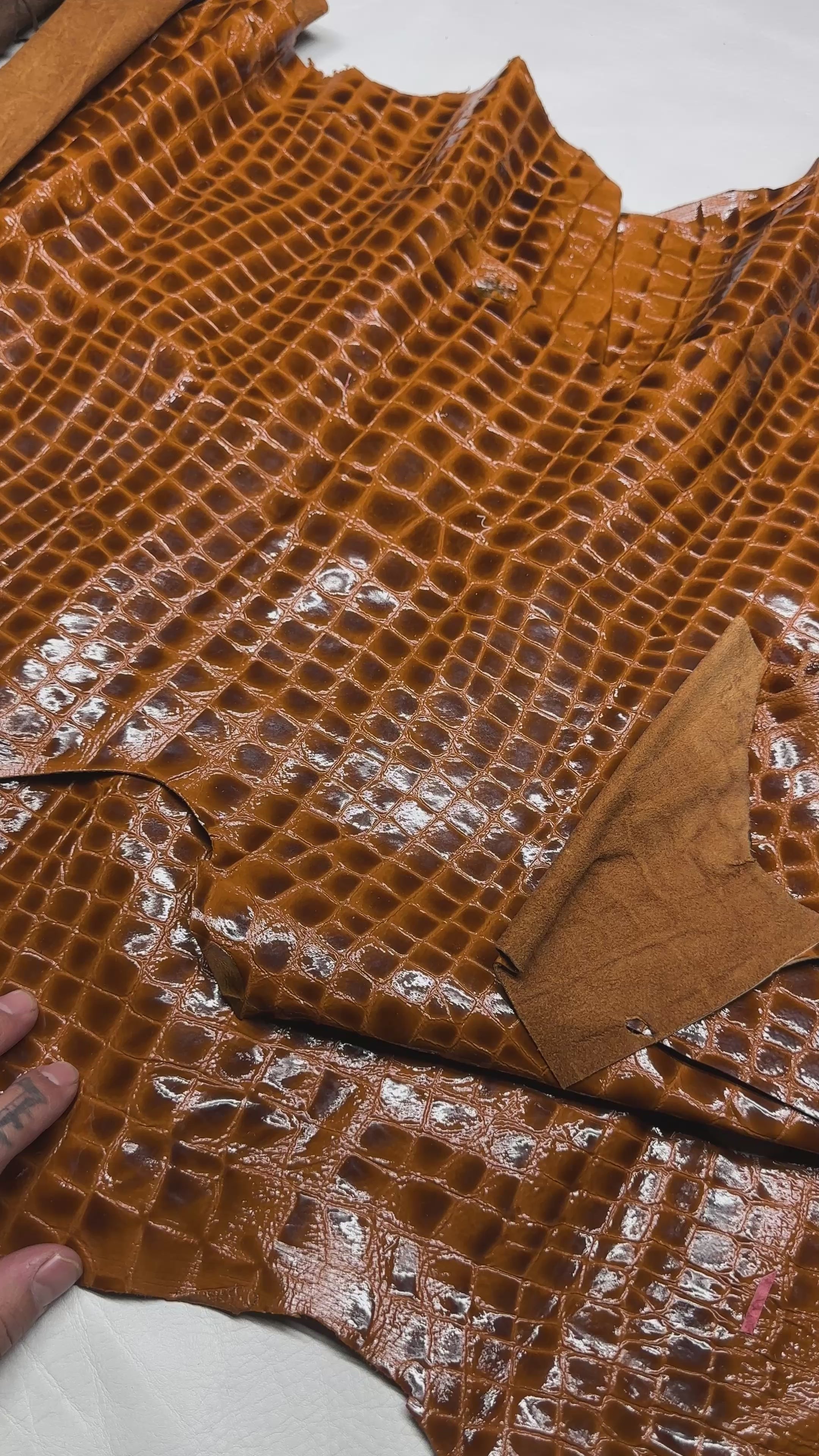 Cowhide Croc Pattern Brown Mustard Leather